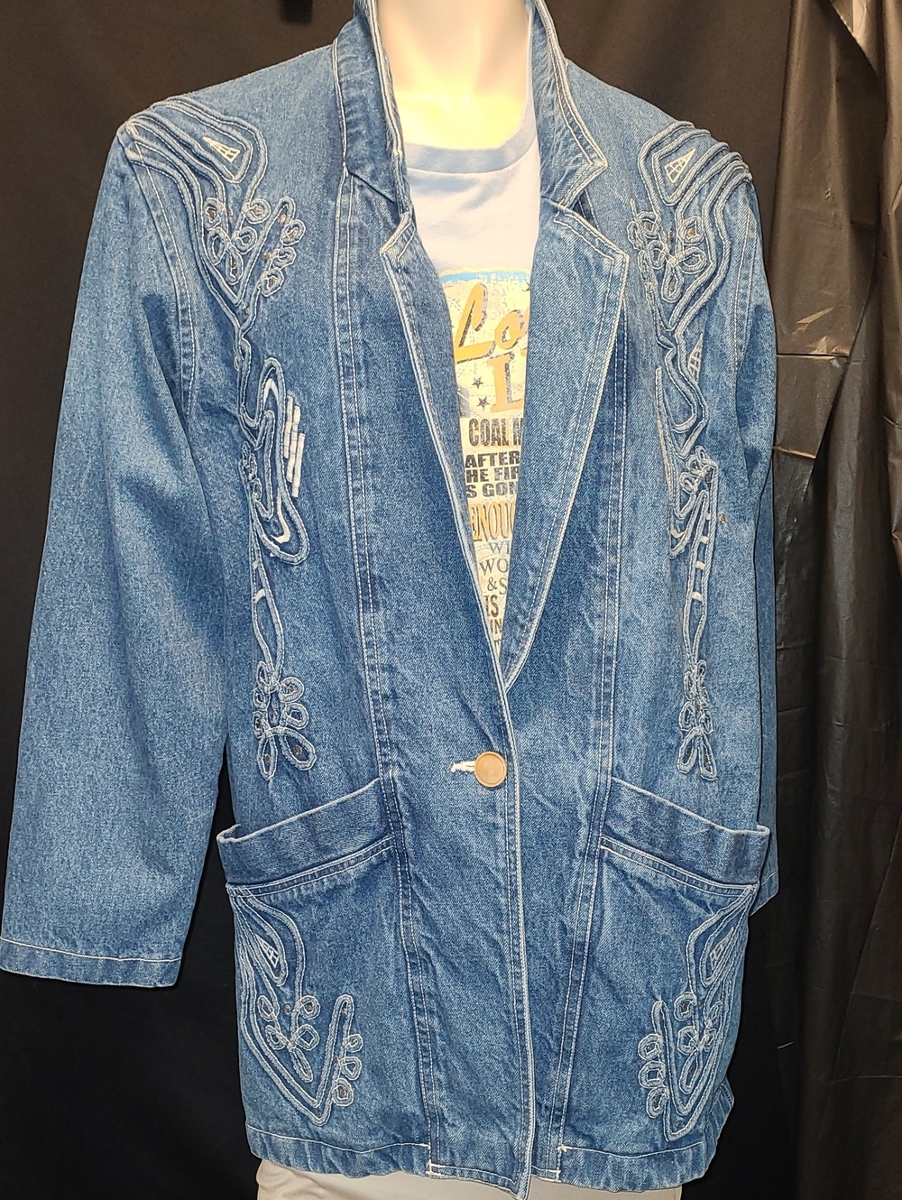 Vintage Blue Embroidered Western Denim Jacket - Women's Long Coat